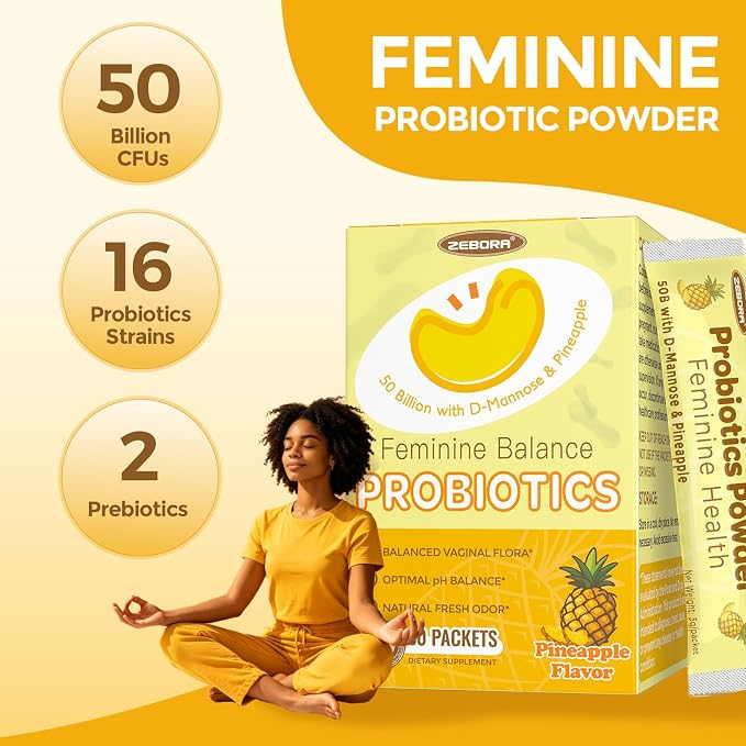 ZEBORA Probiotics for Women, Vaginal Probiotic Powder with 50 Billion CFU 16 Strain, Prebiotics, D-Mannose & Cranberry for Urinary Health, Digestive & Immune Support, Pineapple Flavor, 30 Packets