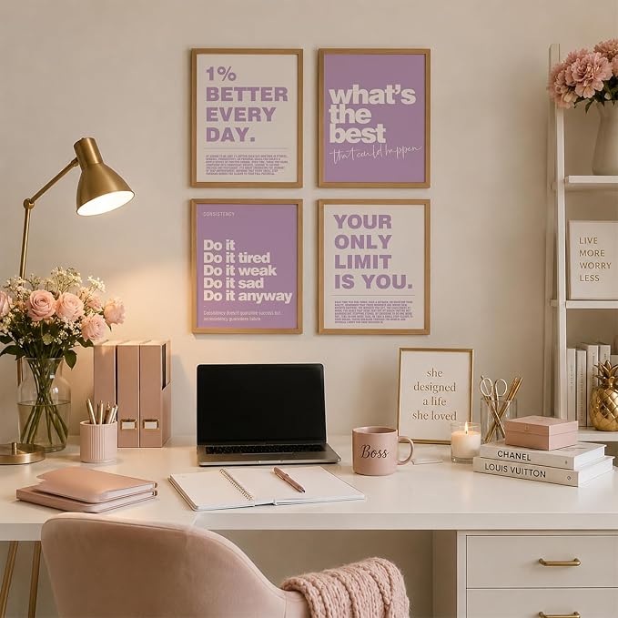 DSHFG Purple Motivational Inspirational Office Wall Art Decor Prints 4Pcs | Purple Office Motivational Wall Decor Trendy Retro Positive Affirmations Quotes Wall Decor Posters, 8x10 Unframed