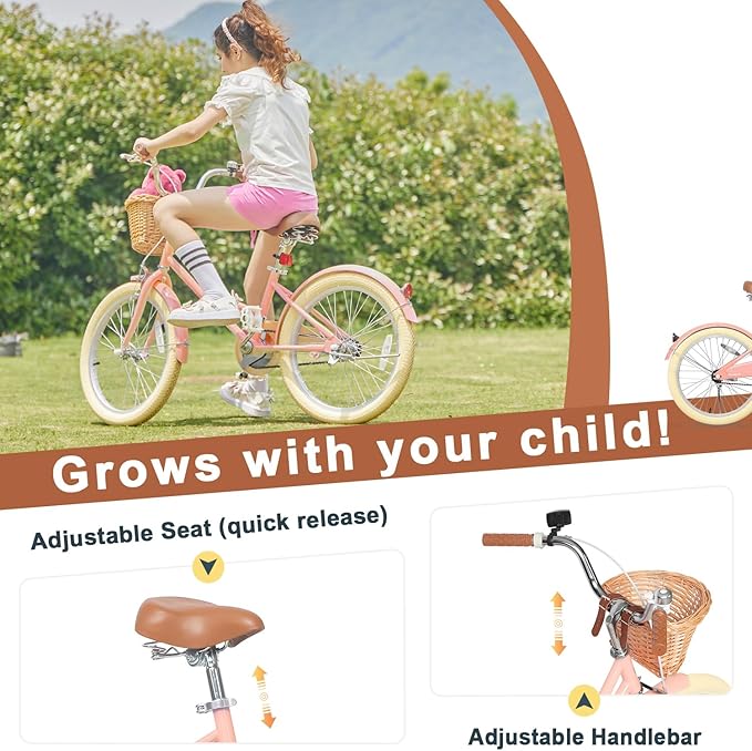 Glerc Little Molly 12-20 Inch Kids Retro Cruiser Bike for 2-13 Year Old with Wicker Basket & Training Wheels/Kickstand, Multiple Colors