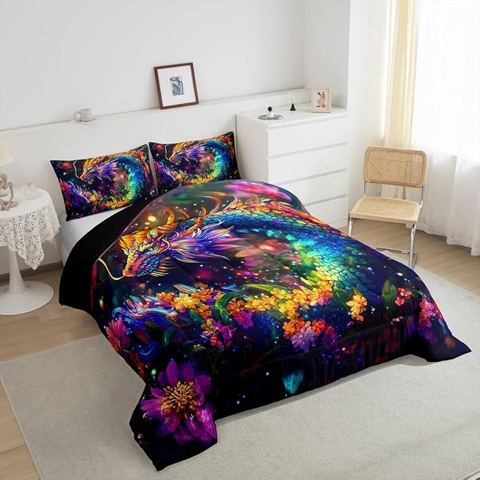 Feelyou Dragon Comforter Set King Size Flower Dragon Comforter for Boys Girls Teens Wild Life Bedding Set Dragon Decor Duvet Set Room Decor Clorful Quilt Set