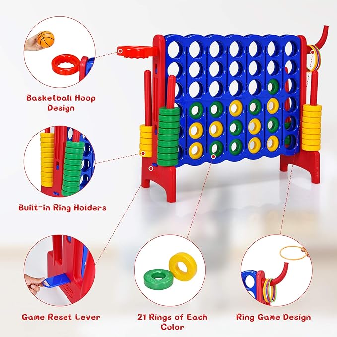 COSTWAY Jumbo 4-to-Score Giant Game Set for Kids & Adults, 2.5Ft Indoor Outdoor Game with Basketball Hoop, Ring Game, 42 Jumbo Rings, Quick-Release Slider, Perfect for Birth & Holiday Party