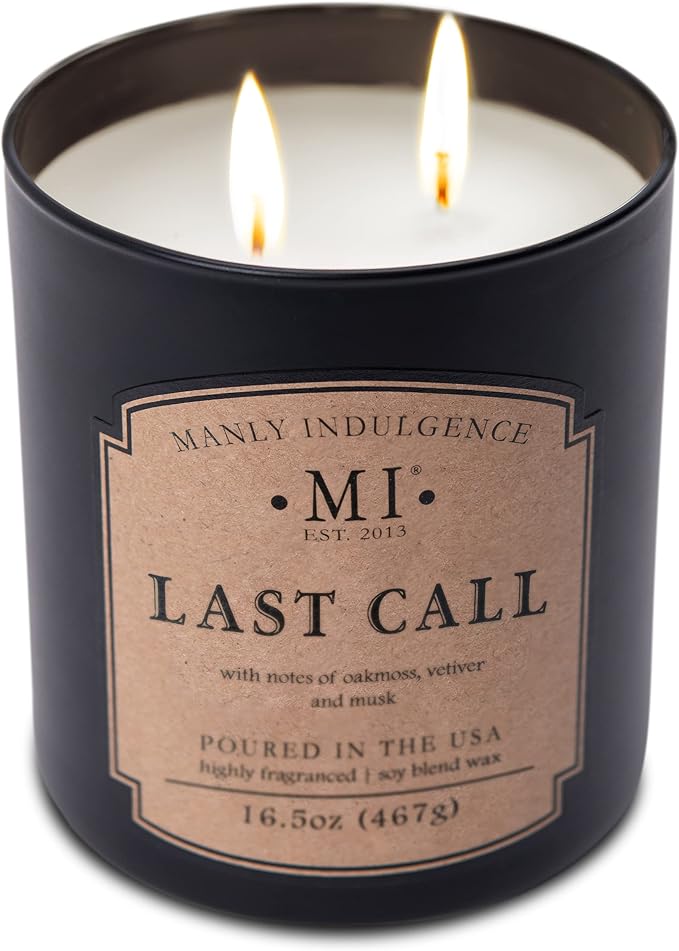 Manly Indulgence Last Call Scented Candles for Men, 2 Wick, 16.5 oz, Premium Soy Blend Wax, 60H Burn, Candles for Home Scented - Made in The USA