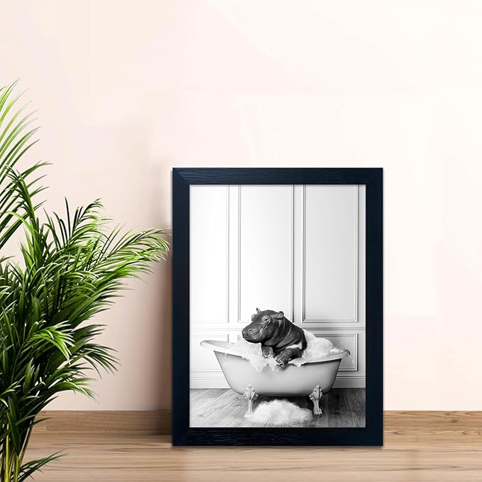Black and White Bathroom Wall Decor Funny Hippo in Bathtub Wall Art Framed Humor Bathroom Signs Cute Animal Cnvas Print Artwork