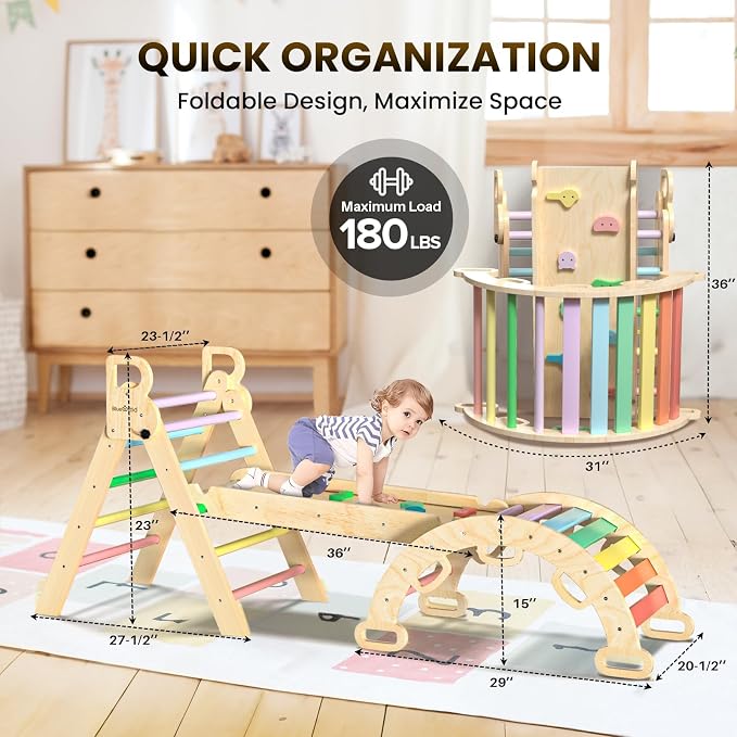 BlueWood Pikler Triangle Set with Safe Handle, Foldable 7-in-1 Montessori Toddler Climbing Toys Indoor, Wooden Pickler Climbing Set, Baby Jungle Gym & Playground, Climbing Toys for 1-3 Year, Rainbow
