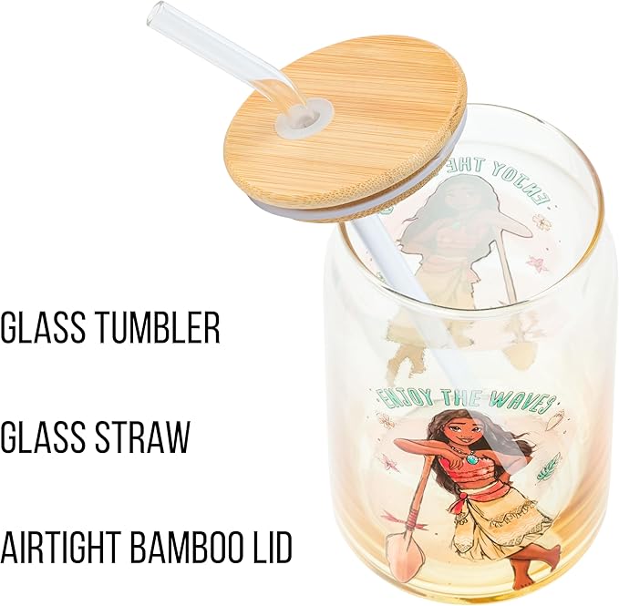Silver Buffalo Disney Moana “Enjoy The Waves” Glass Tumbler with Bamboo Lid and Glass Straw, 16 Ounces