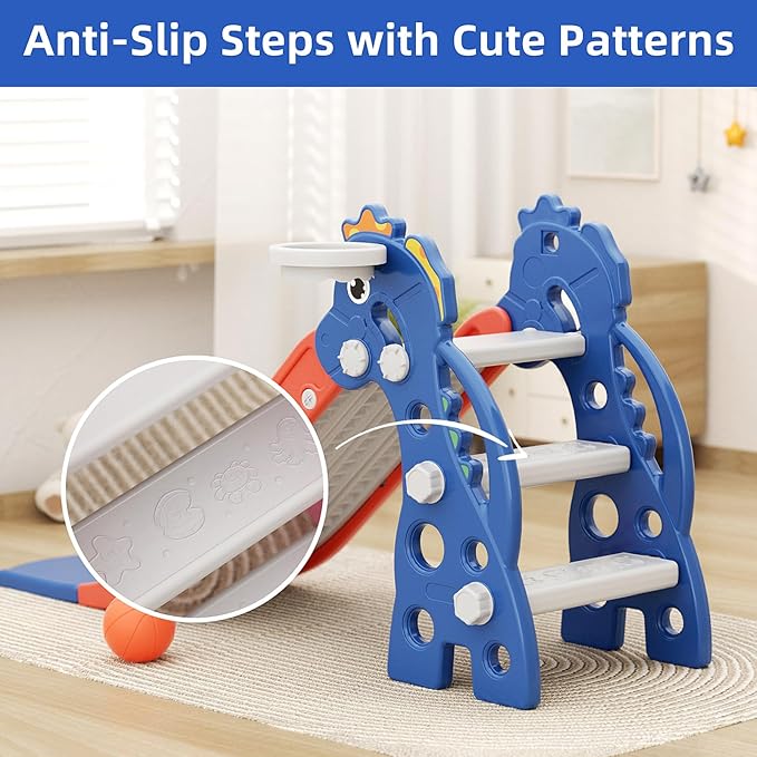 GLAF Toddler Slide Indoor for Toddlers 1-3 Baby Slide Outdoor Playset with Basketball Hoop and Ball Plastic Foldable Slides for Kids Backyard Climber Set (Blue)