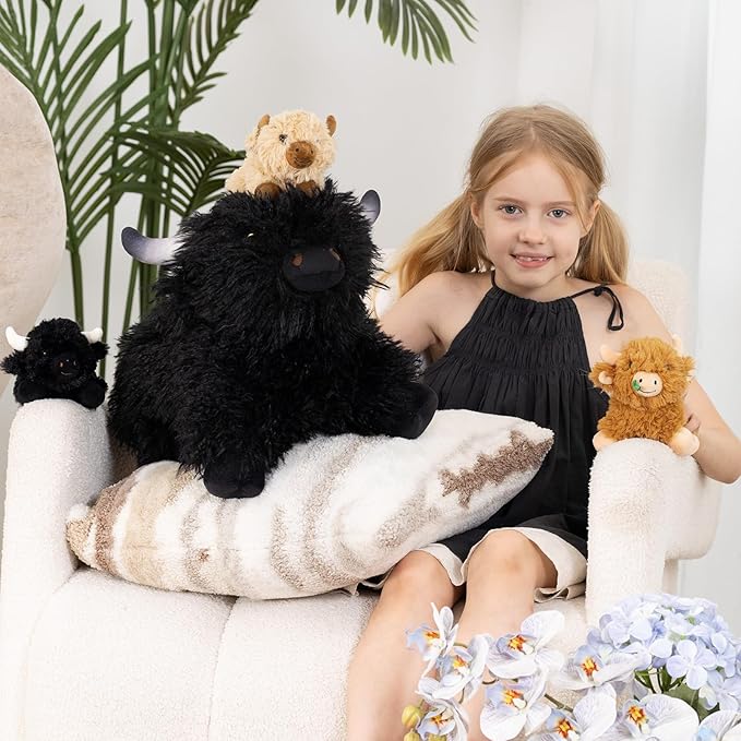 Muiteiur 21.6 Inch Highland Cow Stuffed Animal with 3 Baby Cows, Plush Highland Cattle Mother with Cute Messy Plush, Soft Black Cattle Toy Set for Kids Girls Boys