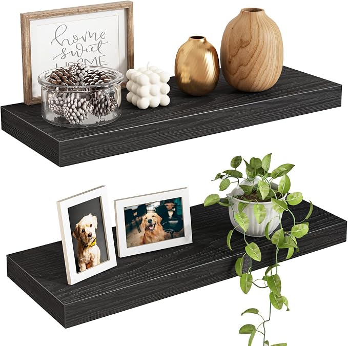Fixwal Floating Shelves for Wall, 15.7" Wood Wall Mounted Shelves for Living Room, Bedroom, Bathroom and Kitchen, for Storage, Books, Room Decor (Black, Set of 2)