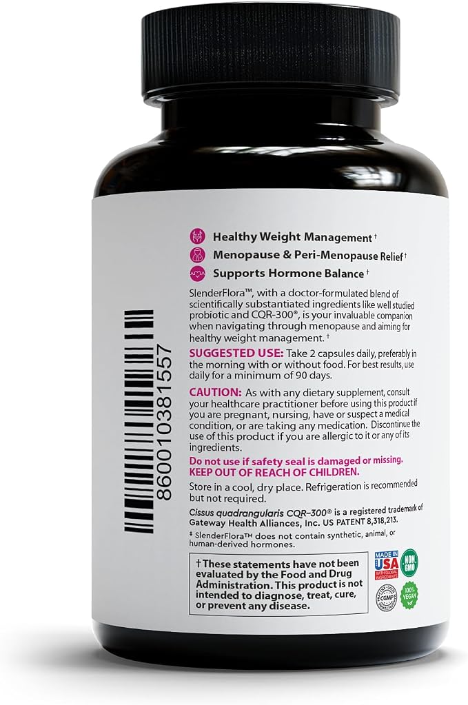 SlenderFlora - Menopause Probiotic Supplement | Weight Management, Hot Flashes, Night Sweats, Bloating | 70 Billion CFU | Gluten, Soy & Dairy Free | 60 Count