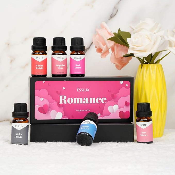 Fragrance Oils, ESSLUX Romance Scented Essential Oils for Diffuser for Home, Premium Soap Candle Making Scents, Romantic Aromatherapy Oils Gift Set, 6x10ml - Bulgarian Rose, Best Wishes and More