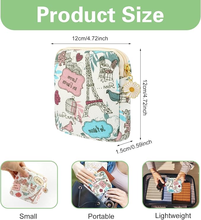 cobee 2PCS Sanitary Pad Storage Bag, Cute Sanitary Napkin Storage Purses Portable Period Bag with Daisy Zipper Panty Liner Tampon Menstrual Cup Nursing Pad Holder Pouch for Girls Women Travel(Tower)
