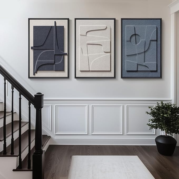 Large 3D Textured Framed Blue White Abstract Wall Art Set, 3 Piece 20x30 In | Solid wood frames, raised geometric reliefs, navy blue and ivory tones, modern wall decor for living room bedroom and office