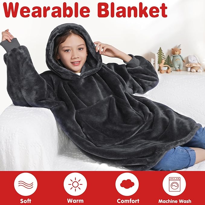 Waitu Wearable Blanket for Kids, Cozy Wearable Blanket Hoodie for Teens Girls Boys, Warm Blanket Sweatshirt Gift for Teenage, Hoodie Blanket with Sleeves and Giant Pocket - Dark Gray