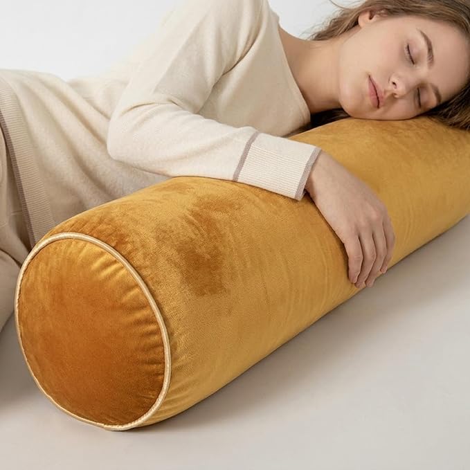 Body Pillow Yoga Bolster Round Cylindrical Pillow Long Dutch Velvet Cushion with Removable Washable Cover for Side Sleepers Meditation and Bedroom Decor(Yellow,150cm/59in)