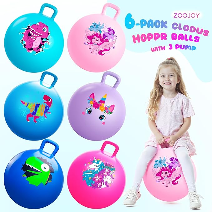 ZOOJOY 6pcs Hopper Balls for Kids 3-8, 18In Dinosaur & Unicorn Bouncy Ball with Handle, Sit on Hopping Toys for Sport/School/Team Active Play, Hippity Hop Ball for Indoor Outdoor Games with Pump