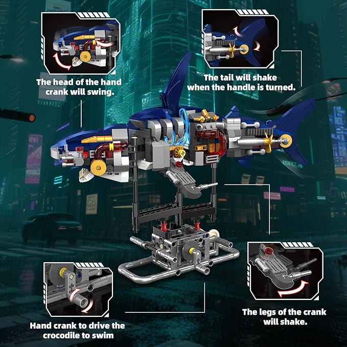 Mechanical Shark Building Set with Lights, Rotatable Link Components & Display Stand, STEM Building Set for Boys 8-14, Home Office Decor for Adults, Mechanical Enthusiasts（631PCS）