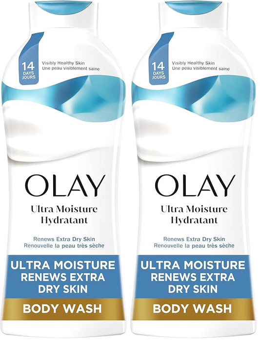 Olay Body Wash for Women, Ultra Moisture, For Extra Dry Skin, 24hr Moisturizing, Hydrating & Refreshing, B3 Vitamin Complex, Free of Parabens & Phthalates, Scented, 22 fl oz,(Pack of 2)