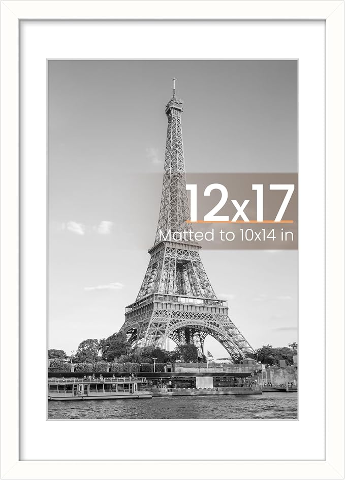 upsimples 12x17 Picture Frame, Display Pictures 10x14 with Mat or 12x17 Without, Wall Hanging Photo Frame, White, 1 Pack