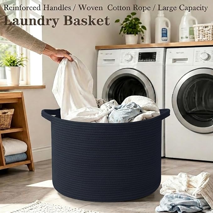 90L Extra Large Blanket Basket,Woven Rope Laundry Basket-Dark Blue | Collapsible, reinforced handles, nursery storage bin organizes clothes, toys and pillows for living room, bedroom bathroom