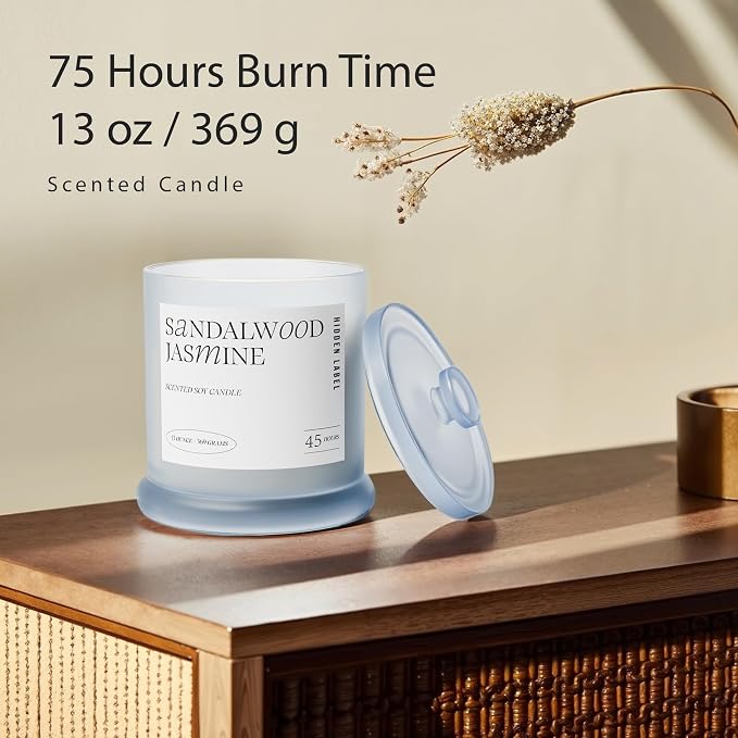 Hidden Label Sandalwood Jasmine Candle, 13oz 2-Wick Soy, 45H Aromatherapy | 45+ Hour Burn | Woody Floral Essential Oils | Non Toxic Plant Wax | Frosted Glass Home Decor | Meditation Gift