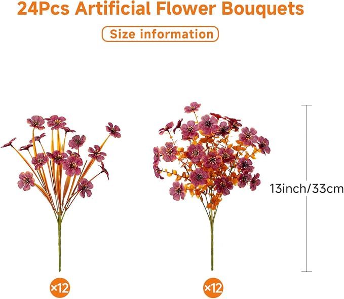 Alupssuc 24 Bundles Artificial Fall Flowers, UV Resistant Faux Mums Porch | Silk & Plastic, 13 Inch Tall, for Indoor Outdoor Planters Yard Patio Window Box, Autumn Outside Realistic Fake Decoration
