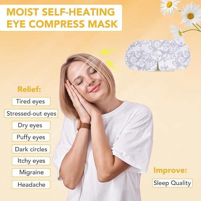 XPCARE 60 Pack Steam Eye Masks for Dry Eyes, Self Heated Steam Warm Eye Mask, Disposable Heated Eye Mask for Dark Circles, Puffy Eyes, Relief Stress Eye Fatigue（Chamomile）