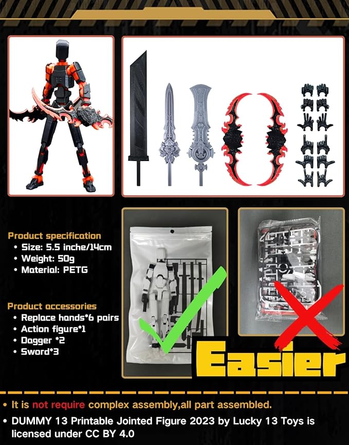T13 (Assembly Completed) 3D Printed Action Figure,Dummy 13 Robot Action Figure, T13 Collectible Action Figure Articulated, for Collectors Desktop Decorations, muñeco de acción (Black Red)