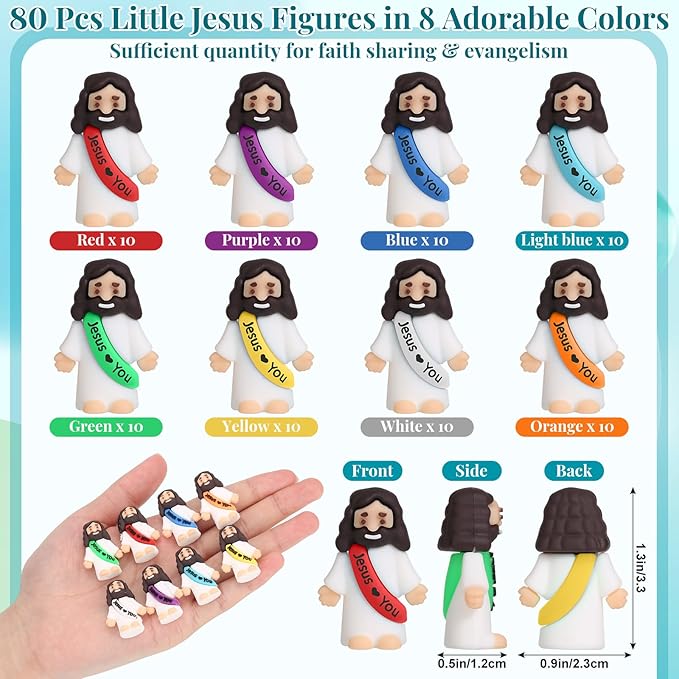 80 Pcs Little Jesus Figures – 8 Colors Mini Jesus Figurines in Bulk, Easter Egg Stuffers, Tiny Figure for Hide and Seek, Sunday School, Baptism Gifts, Church Religious Party Favors