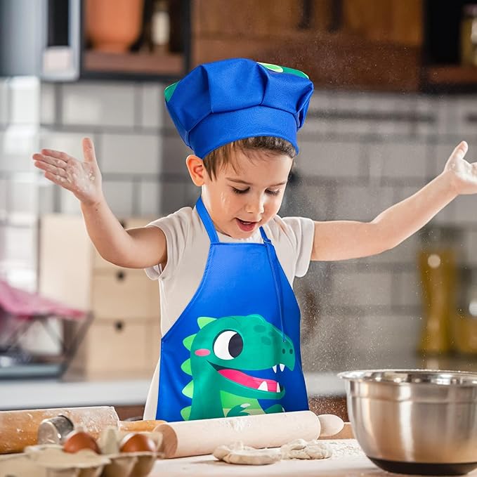 R HORSE 2 Pcs Kids Aprons Chef Hat Sets Adjustable Blue Cute Dinosaur Kitchen Aprons Cooking Baking Painting and Training Kits Dress up Role Play Chef Toy Kid Funny Cooking Gift New Year(3-5 Years)