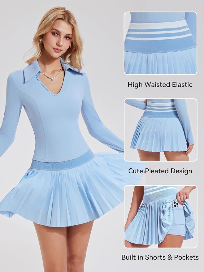 Women 2 Piece Tennis Skirt Set Polo Golf Outfits Racerback Tank Top Pleated Skort with Pockets Summer Workout Athletic Dress