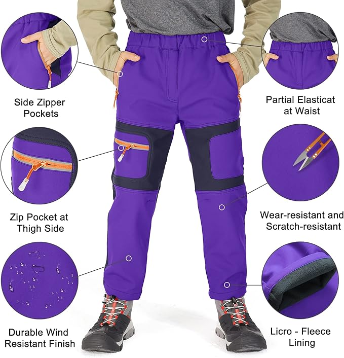linlon Kids Boy's Snow Waterproof Pants Youth Fleece Lind Hiking Softshell Warm Insulated Trousers