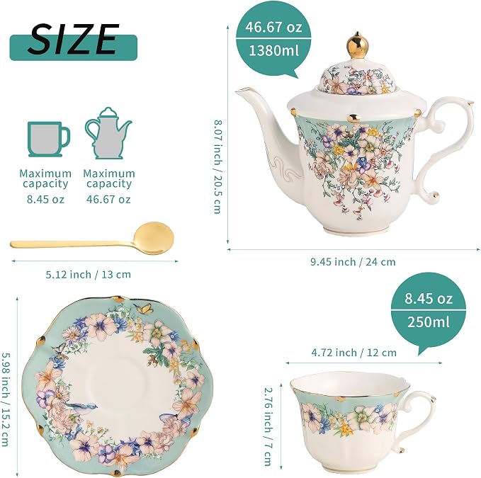TATSUMI Country Roses Porcelain Tea Set, European Ceramic tea set for adults,Vintage Style, For Women and Tea Parties (Dutch Blue, 13 Pieces Set)