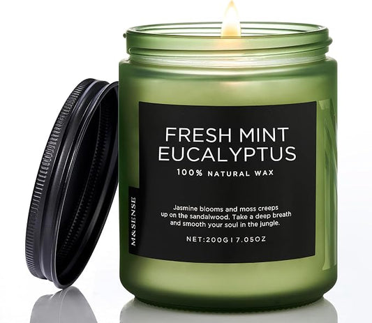 M&SENSE Eucalyptus & Mint Candles for Home Scented, 7.05oz Natural Soy Wax, 50 Hours Clean Burn Non Toxic Aromatherapy Candle, Slow Burning for Stress Relief Meditation Relaxation Spa