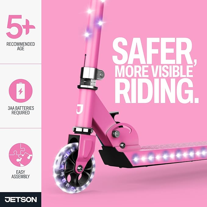 Jetson Jupiter Kids 2-Wheel Light-Up Kick Scooter, LED Lights on Handlebar, Stem, Wheels & Deck, Adjustable Handlebar, Rear Brake, Easy-Folding Mechanism, Ages 5+