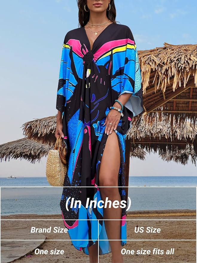 ChiaoLezhee Print Moo-Moos for Women, Kaftan Cover-Up Dresses, Sexy V-Neck High-Slit, Beach Pool-Party Coverups Muumuu Plus