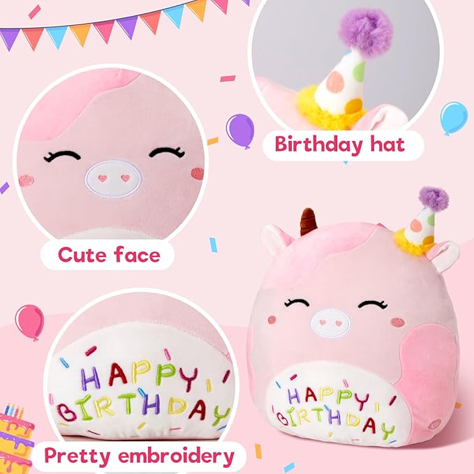 Light up Musical Happy Birthday Cow Plush Pillow,LED Stuffed Animals,Pink Cow Glowing Singing Plush Toy,Cute Plushie Doll Birthday Gift for Toddler Boys Girls,14''