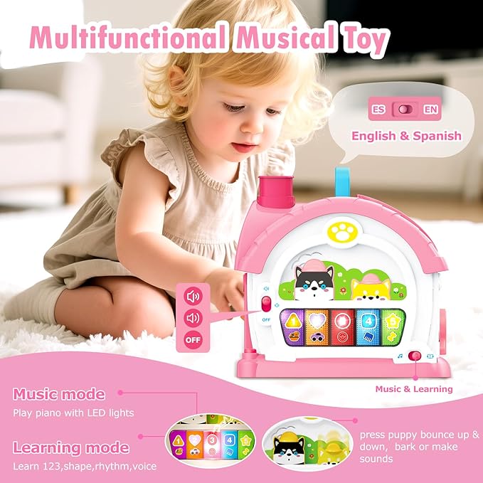 Montessori Toys for 1 2 3 Year Old Girl Gifts, Musical Toy House with Stuffed Puppy, Car, Baby Toys 12-18 Month, Learning Educational Toy for Toddler 1-3, First Birthday Gifts for Girls (Pink)
