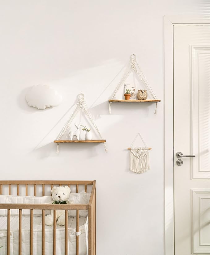 Mkono Macrame Hanging Shelves Boho Wall Decor Set of 2 Floating Wood Shelf | Cute Room Decor for Teen Girls Display Storage Shelves for Hanging Plant Photos Fit Bedroom Bathroom Living Room Nursery Dorm