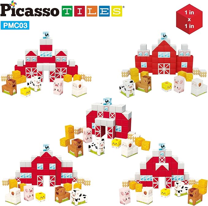 PicassoTiles Magnet Cube Farm House Theme Mix and Match Building Block Construction Toy Barn with 5 Magnetic Cubed Character Action Figure STEM Learning Education Sensory Pretend Play Kid Age 3+ PMC03