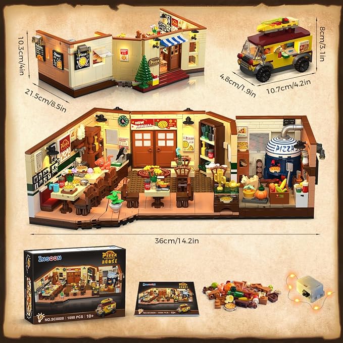 City Street Pizza Restaurant Building Set with Light, 1098PCS Pizzeria House Architecture Model with Retro Pizza Van, Home Decor Construction Building Block Gift for Adults Teens Boys Girls 12+