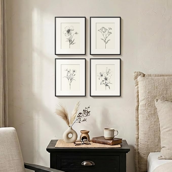 Framed Black and White Botanical Wall Art for Bathroom, 4 Piece 8x10 In | Minimalist floral wall decor, Vintage boho flower pictures, Plexiglass with mat prints, Bedroom office hallway room decor