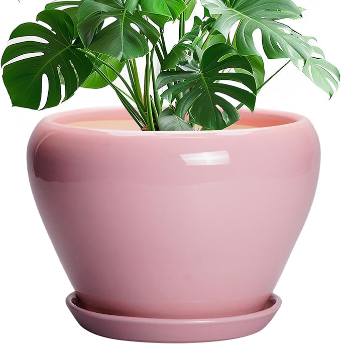 Ceramicfor 10 Inch Plant Pot - Ceramic Planter for Indoor Plants, Glaze Modern Round Planter with Drainage Hole and Saucer, Gifts for Plant Lovers, Office Patio Home Room Decor, Pink