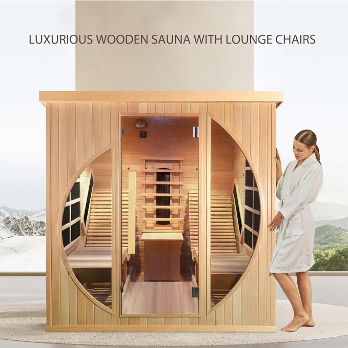 Infrared 2 Person Wooden Sauna Room, Luxurious Sauna with Recliner, 3400W Dry Heat Sauna for Home, 9 Heating Panels, Bluetooth Speaker, 7Color Lights, Oxygen Bar, 220V(Canadian Hemlock)