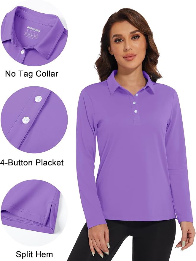 MAGCOMSEN Long Sleeve Polo Shirts for Women Golf Tops with Collar Work | UPF 50+ Sun Protection, 4 Buttons, Moisture Wicking, Breathable, 4-Way Stretch, Collared, Quick Dry, Active, Casual, Tennis