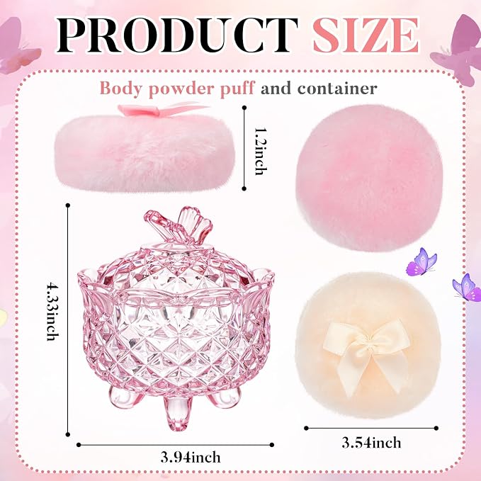 Tioncy 3 Pcs Large Body Powder Puff and Container Valentine's Day gift Powder Container with Puff Crystal Case Soft Washable Reusable Velour Face Body Glitter Wet Dry Makeup(Butterfly,Pink)