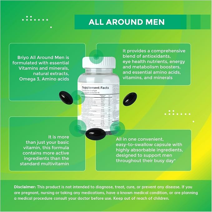 Briyo All Around Men - Multivitamin for Men with 38 Essential Vitamins, Minerals, Omega 3 and Plant Extracts – Supports Energy Immunity – Live Strong with One Daily Clean Capsule