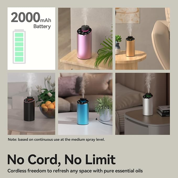Waterless Essential Oil Diffuser Scent Aromatherapy Diffusers for Home Large Room, Car, Office, Portable Battery Operated Cordless Air Freshener, 4 Timers & 3 Mist Levels, 100ml Capacity (Silver)