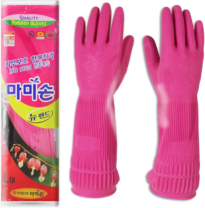 Mamison Kitchen Rubber Gloves New Band, 1 Pair, Large, Made in Korea | Korean natural latex, long cuff, thick and durable, textured non-slip grip, for dishwashing and kitchen cleaning
