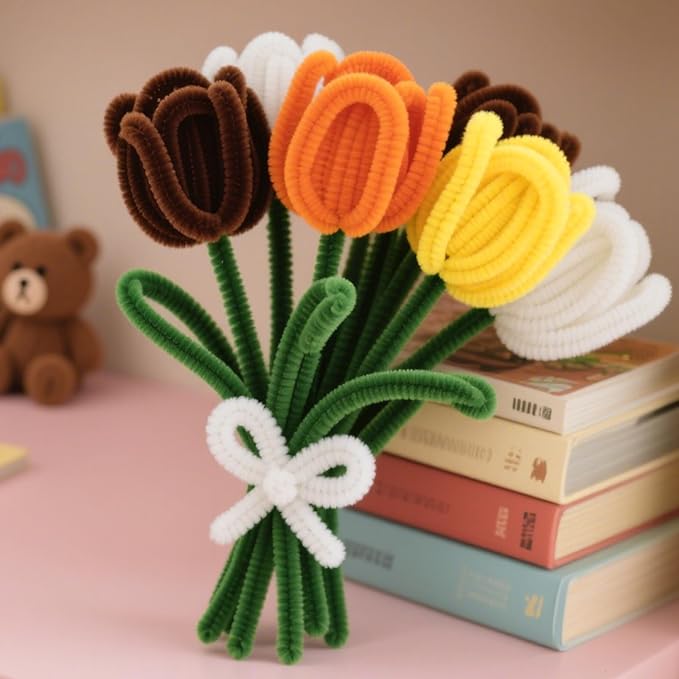 ASTARON 521 Pcs Pipe Cleaners Craft Set, 5 Colors Pipe Cleaners Bulk Pastel Chenille Stems for Craft Pipe Cleaner Flowers Making Kit with Floral Wires, Gardening Tape(Orange Yellow Brown)