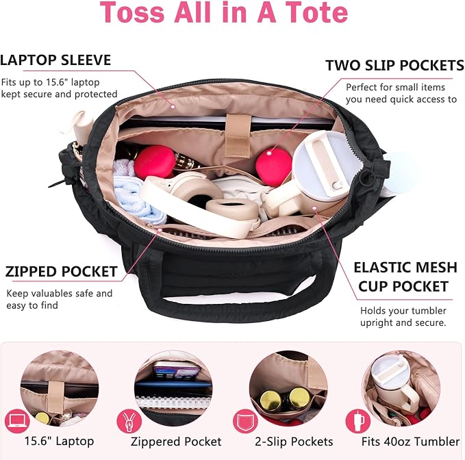 Yoga Tote Bag for Women with Yoga Mat Holder & Luggage Sleeve, Large Pilates Gym Bag with 16" Laptop Compartment, Lightweight Puffer Quilted Travel Tote with Water Bottle Pockets for Work